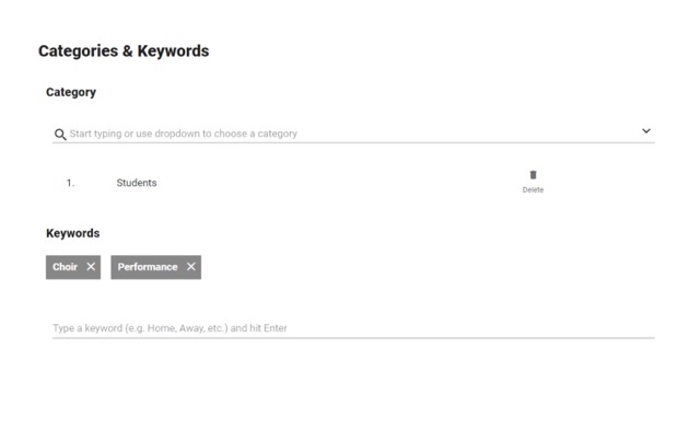 Categories and Keywords screenshot